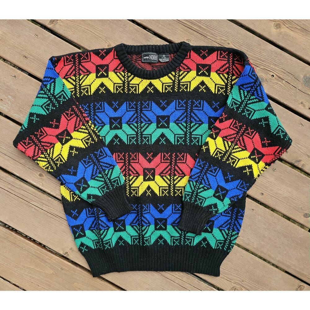 Vtg Mister Noah Sweater Men’s Rainbow Geometric Snowflake Crewneck Y2K 90s
